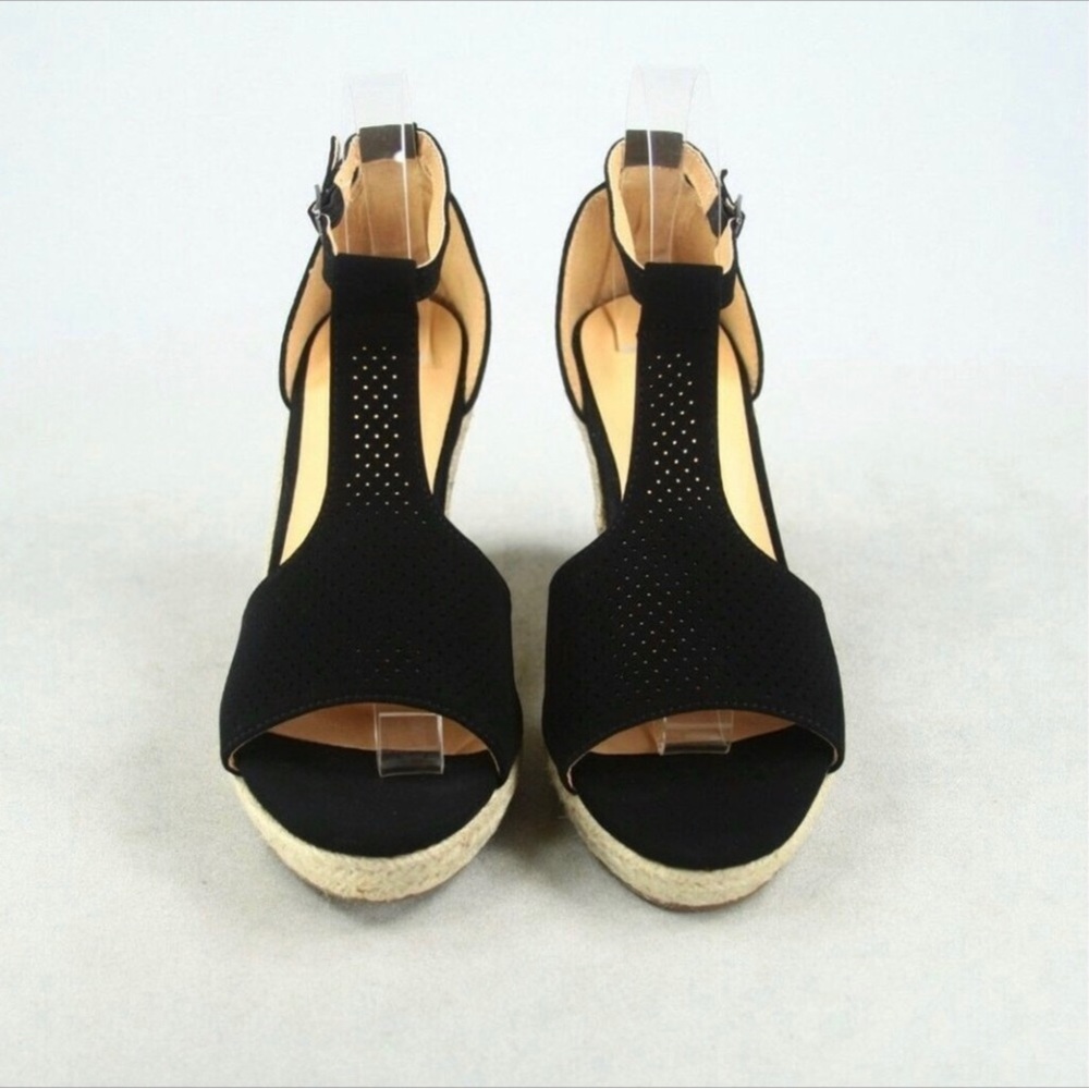 Perforated T-Strap Espadrille Black Wedge Multi Sizes NIB - Picture 4 of 9
